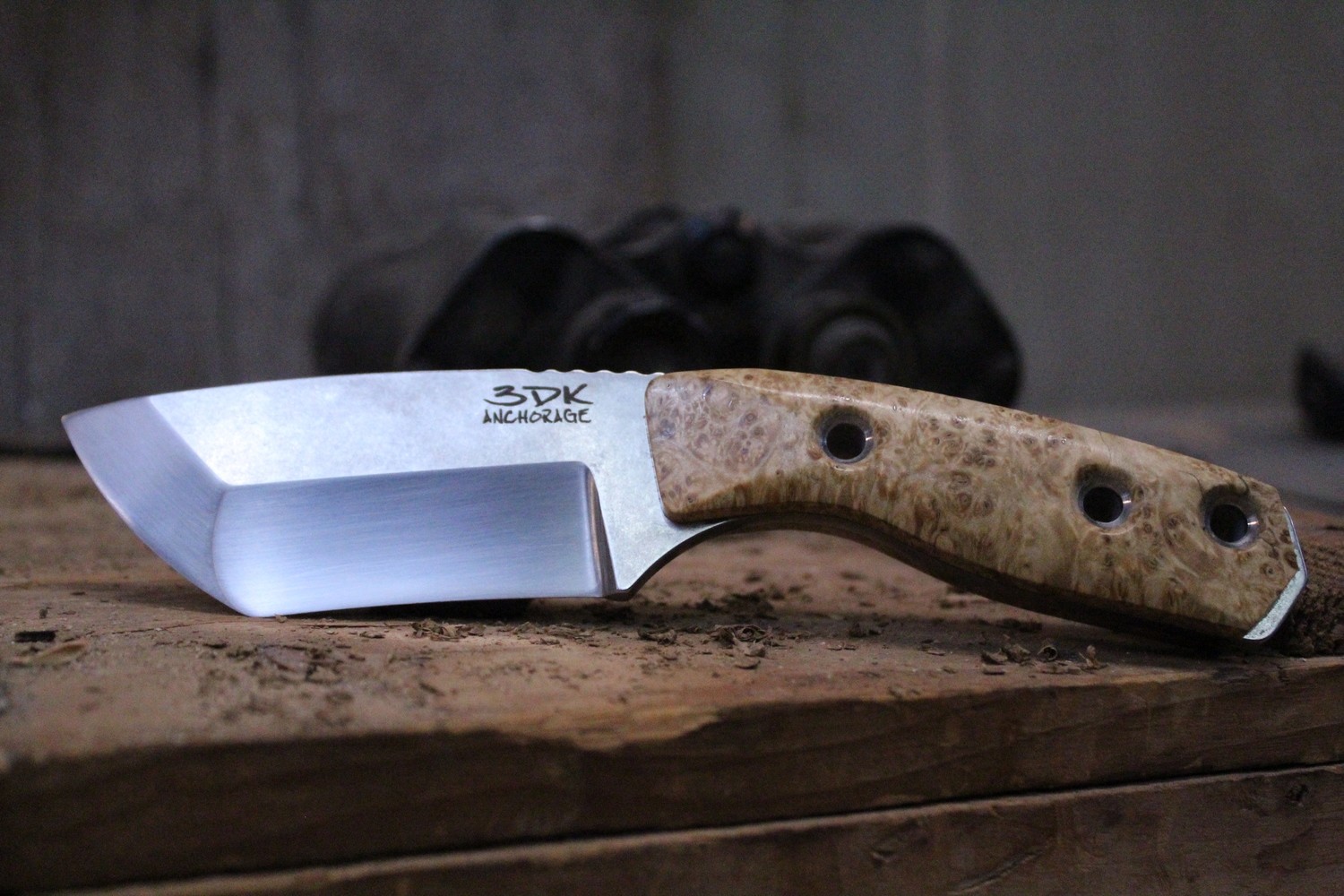 3DK Riot 3.7&quot; Fixed Tanto Point, Elmax Blade / Box Elder Burl Wood