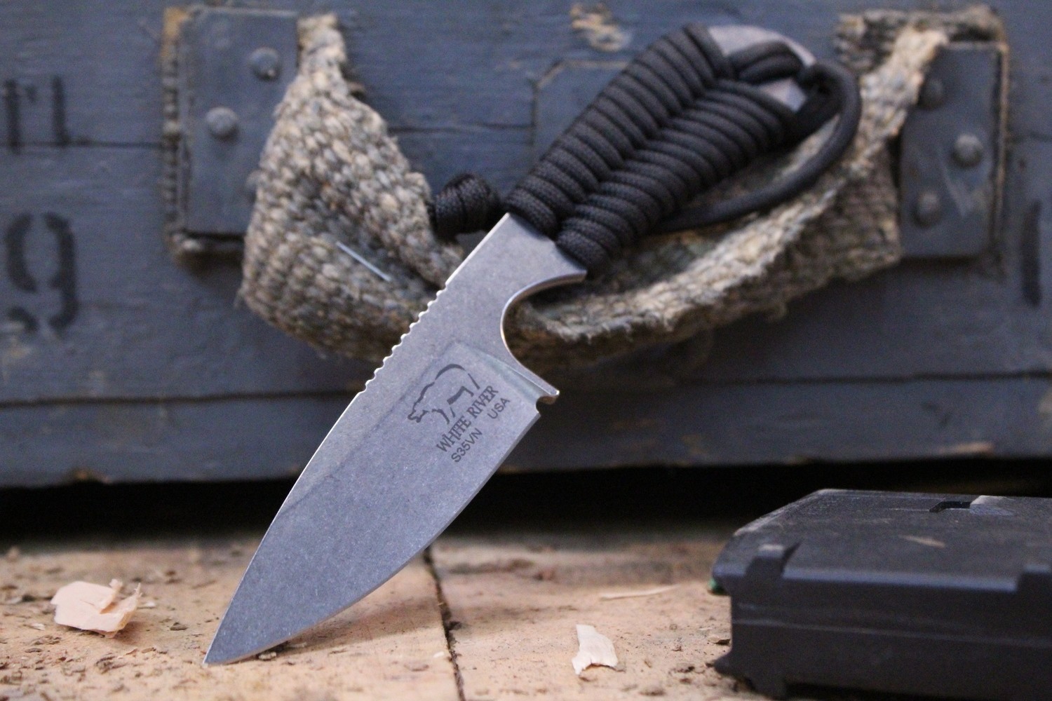 White River Knives M1 Backpacker 3.25&quot; Fixed Blade, Black Paracord / Stonewash S35VN