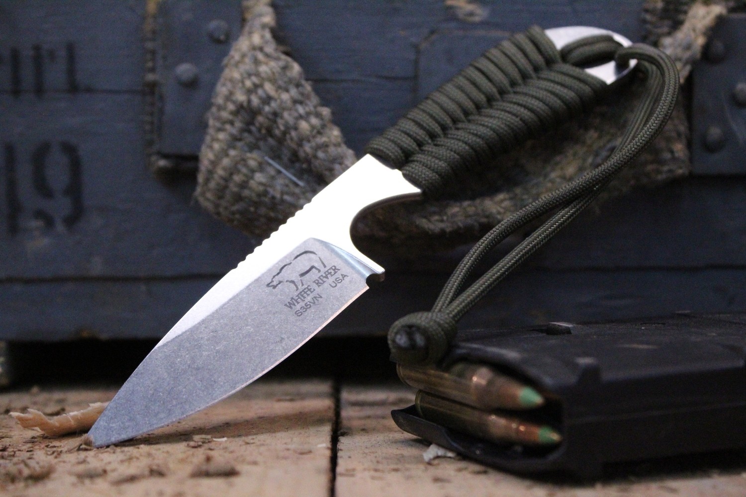 White River Knives M1 Backpacker  3.25&quot; Fixed Blade, OD Green Paracord, S35VN Stonewashed Blade With Kydex Sheath