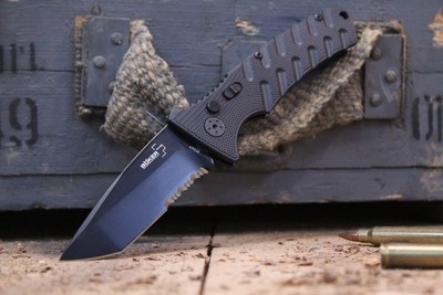 Boker Plus Strike 3.25" Tanto Automatic Knife, Black Aluminium / Black Serrated