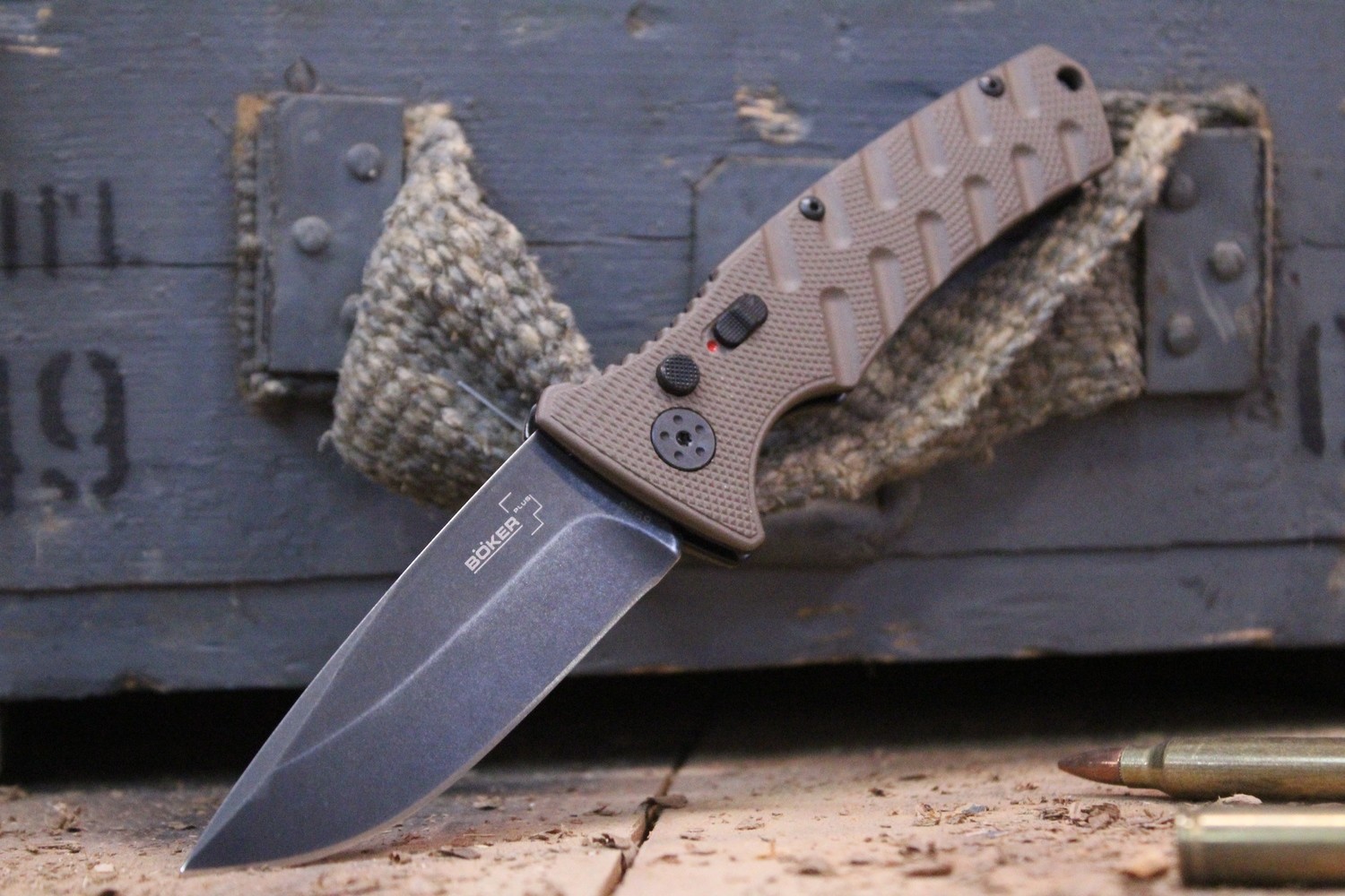 Boker Plus Strike 3.25" Drop Point Automatic, Coyote Brown / Black Stonewash ( Discontinued )
