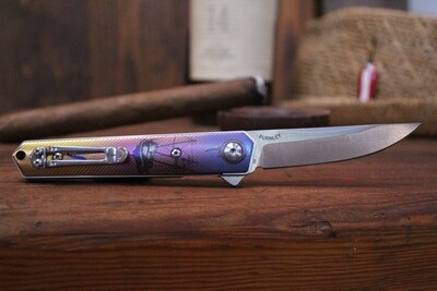 Boker ColorfulFilth Edition Mini Kwaiken 3.125" Flipper Knife, Artwork Anodized Titanium / D2