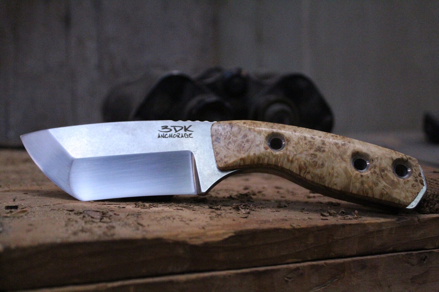 3DK Riot 3.7&quot; Fixed Tanto Point, K110 Blade / Box Elder Burl Wood