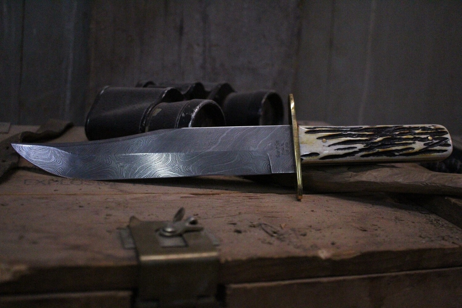 Bear And Son 9&quot; Bowie Fixed Blade, Damascus / Stag ( Pre Owned )