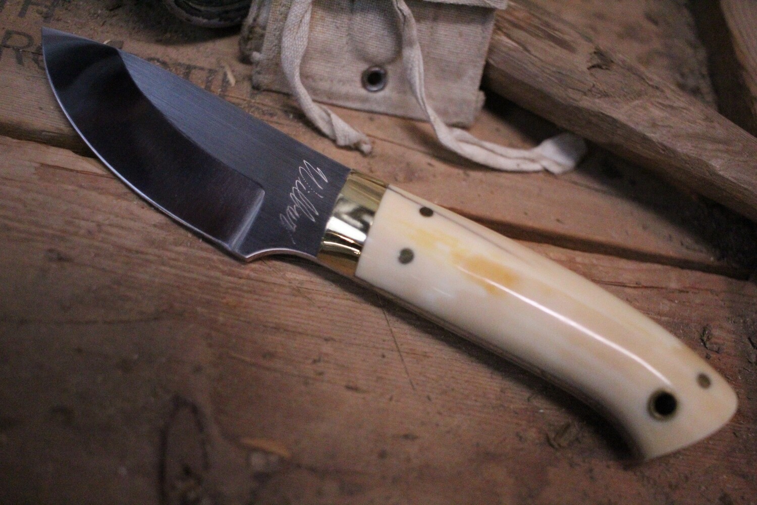 Wilbur Stegner Custom Drop Point 3.5&quot; Fixed Blade, Bone / Stainless