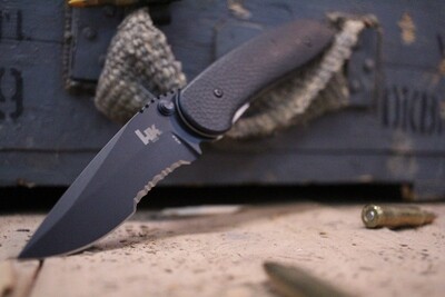 Heckler & Koch (HK) Fugitive 3.25" Folding Knife, Black / Black Serrated (Prototype)