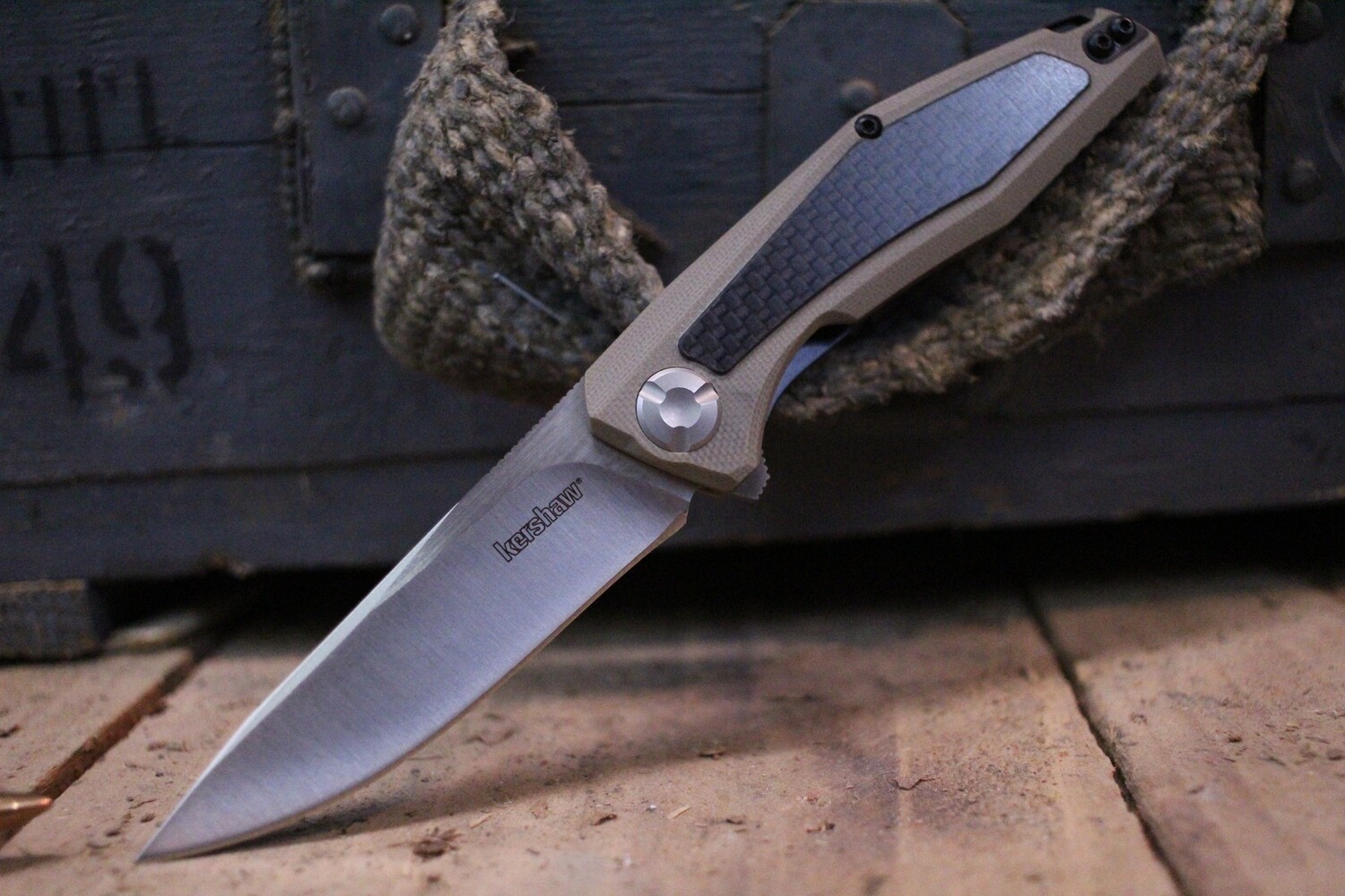 Kershaw Sinkevich Atmos 3&quot; Liner Lock Knife, Tan G-10 &amp; Carbon Fiber / Satin ( Discontinued )