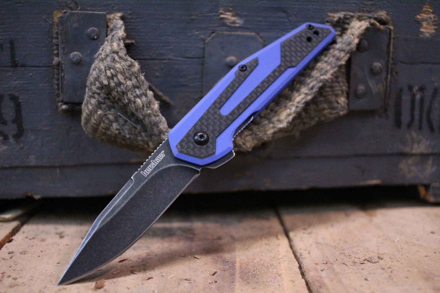 Kershaw Fraxion 2.75&quot; Flipper, Carbon Fiber &amp; Blue G10 / Black Wash ( Discontinued )