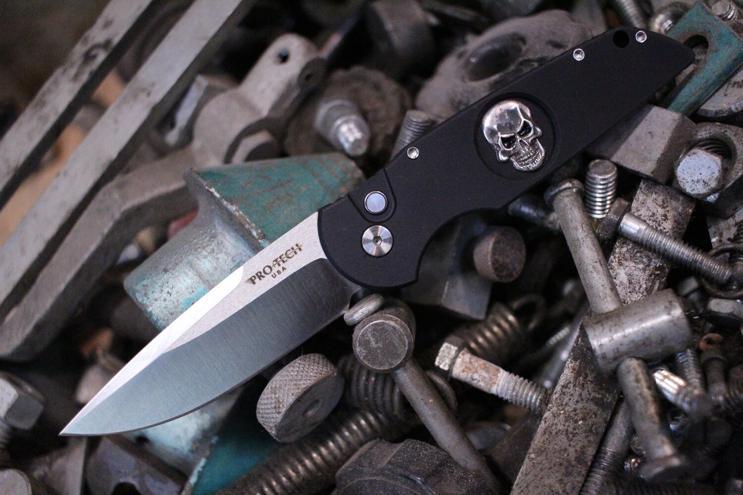 Pro-Tech Limited Edition TR-3.71 3.5&quot; Automatic Knife, Black With Skull Inlay / Satin