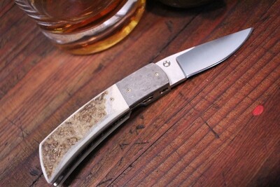 Don Dezarn &amp; R. Ball Collaboration 2.5" Custom Liner Lock Folder, Damascus &amp; Moose Antler / Satin VG10