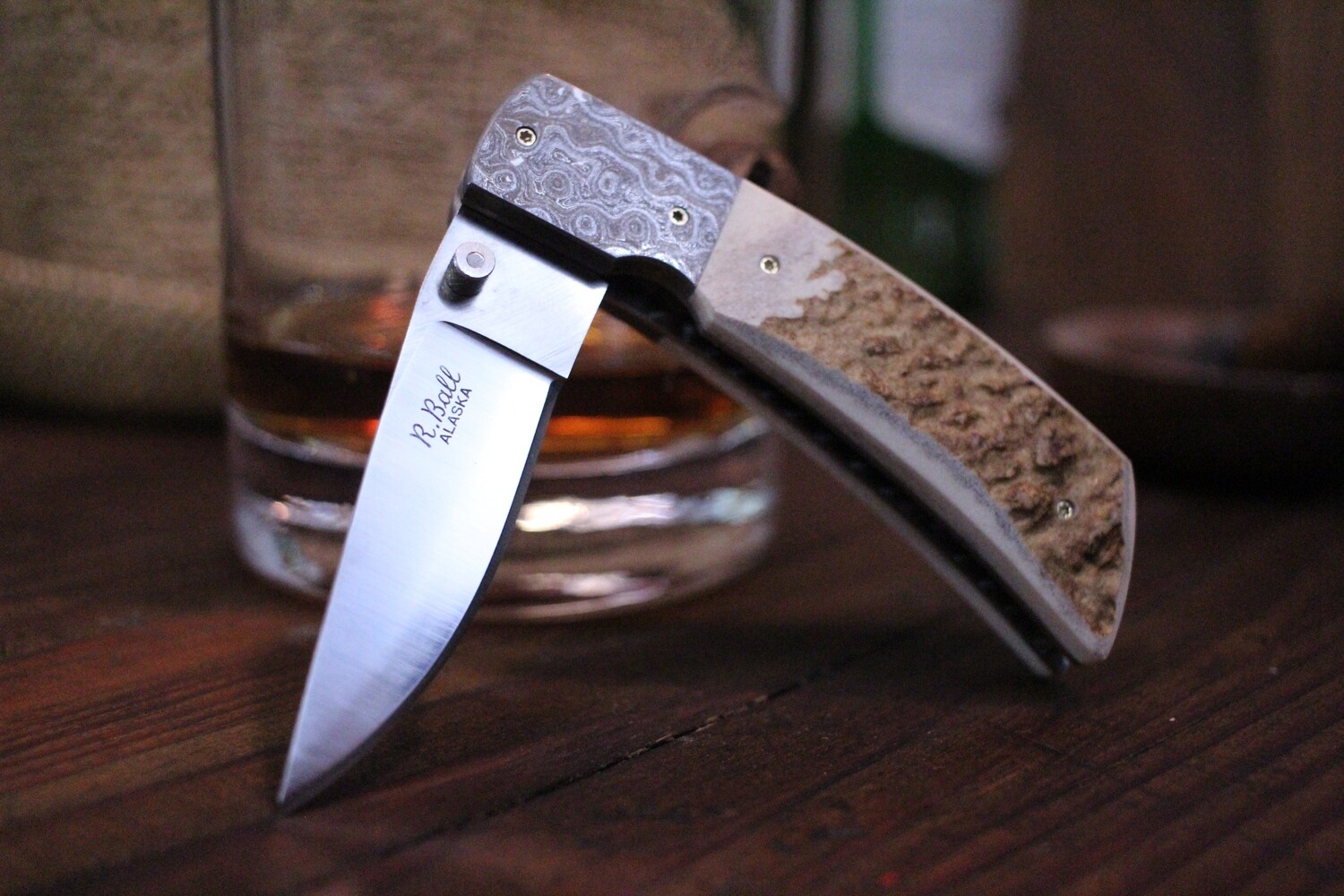 Don Dezarn &amp; R. Ball Collaboration 2.5&quot; Custom Liner Lock Folder, Damascus &amp; Moose Antler / Satin VG10