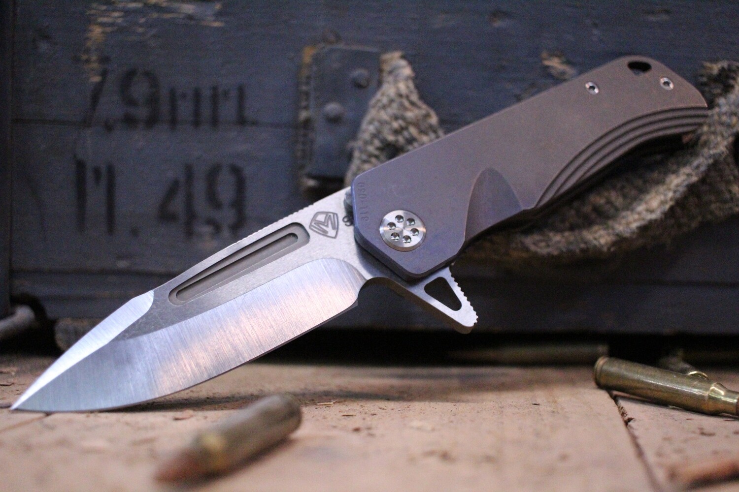 Medford Knife and Tool (MKT) Proxima 3.875&quot; Frame Lock Flipper Knife, Faded Anodized Titanium / Stonewash