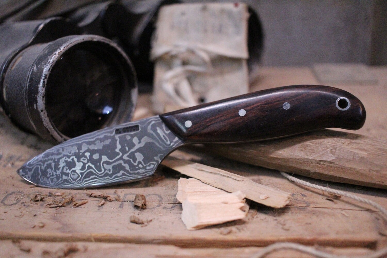 Mark Couch Hand Forged 3&quot; Drop Point, Ebony Wood / Alaskan Damascus