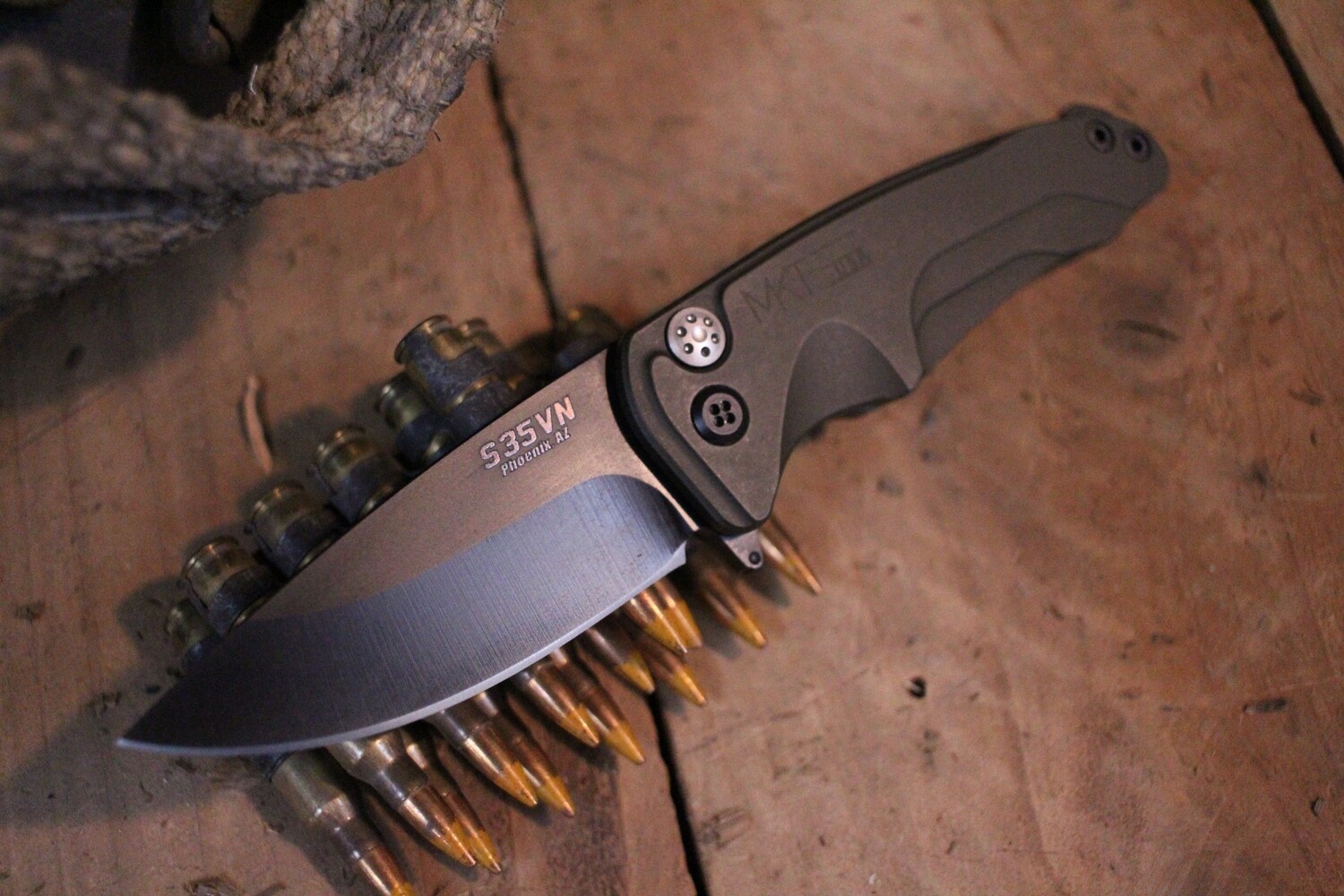 Medford Knife and Tool (MKT) Smooth Criminal 3&quot; Plunge Lock Flipper Knife, Green Handle / PVD Coated S35VN