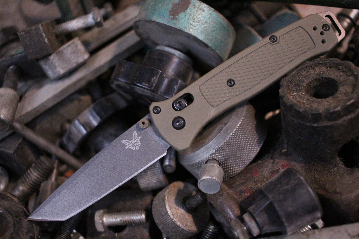 Benchmade Bailout 3.38&quot; Tanto AXIS Lock Knife / OD Green Grivory / Custom Cobalt Cerakote / 3V (Pre-Owned)