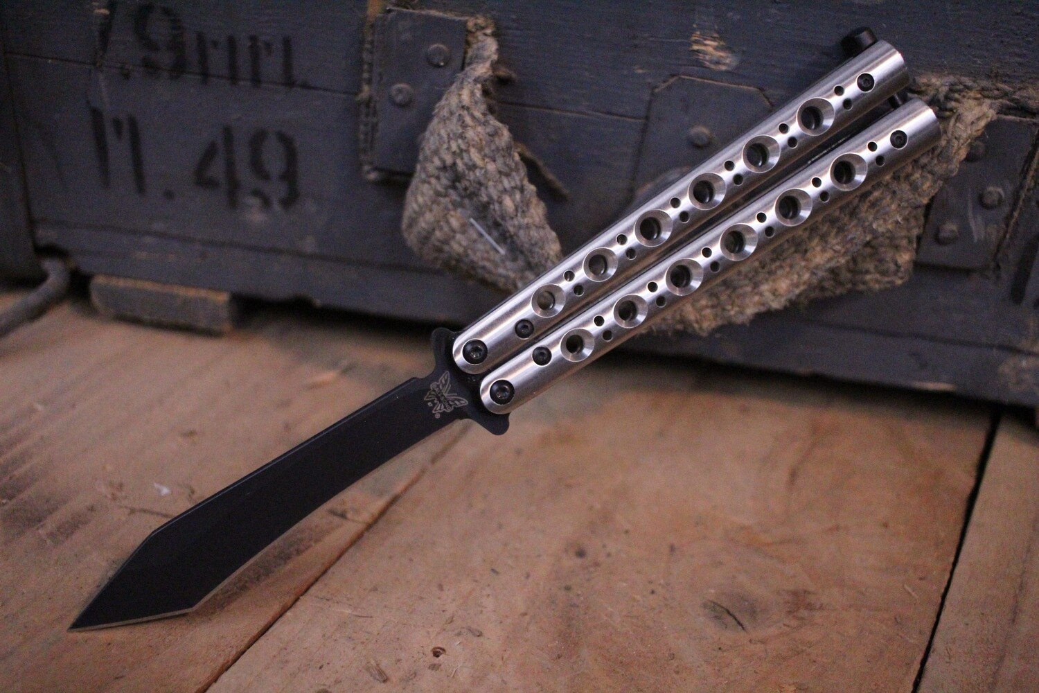Benchmade 67 Balisong 4.25&quot; Tanto Recurve Butterfly Knife / Satin / Stainless Steel / Custom Black Cerakote