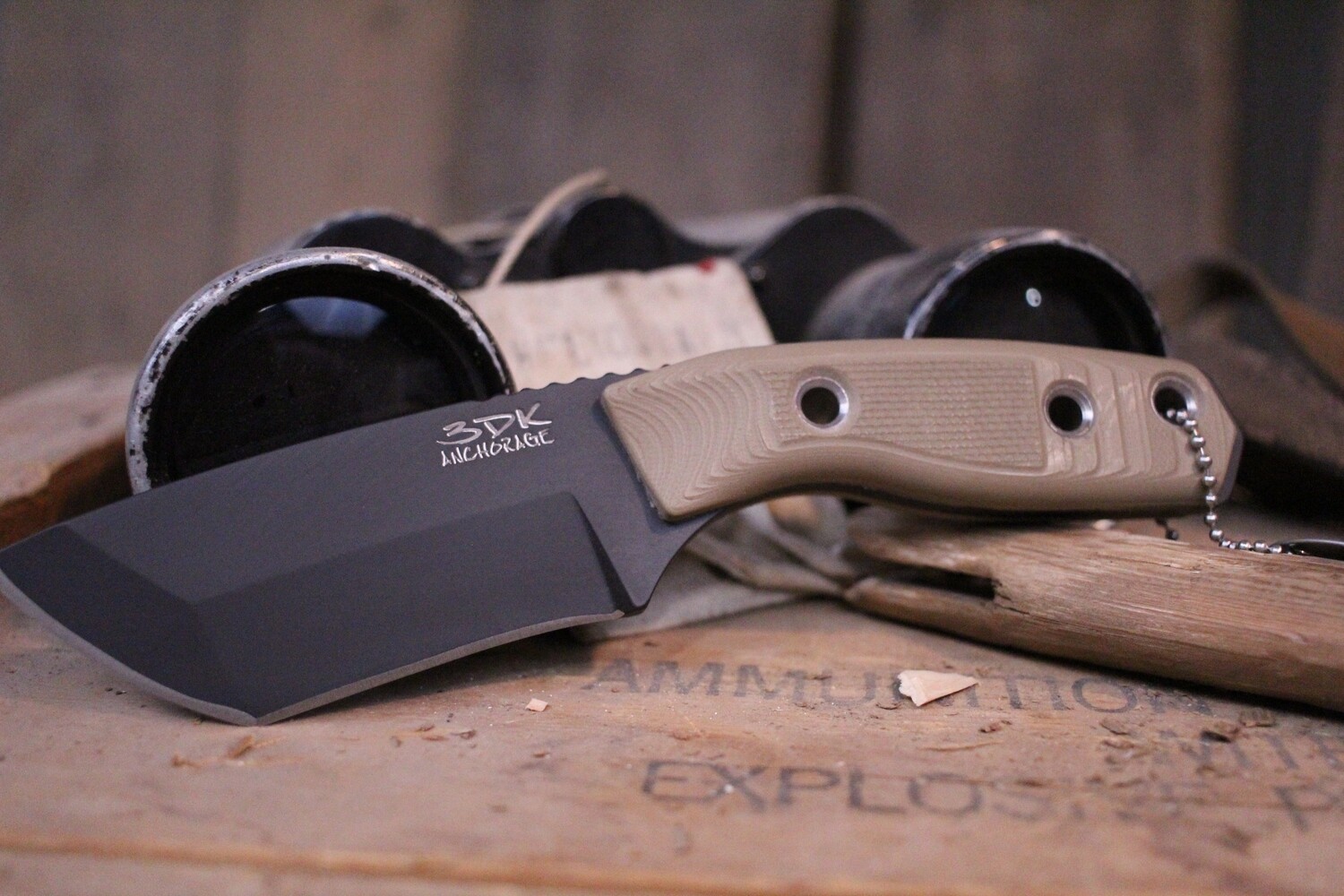 3DK Riot 3.7&quot; Fixed Tanto Point, Black Cerakote K110 Blade / Desert Tan G10 handle