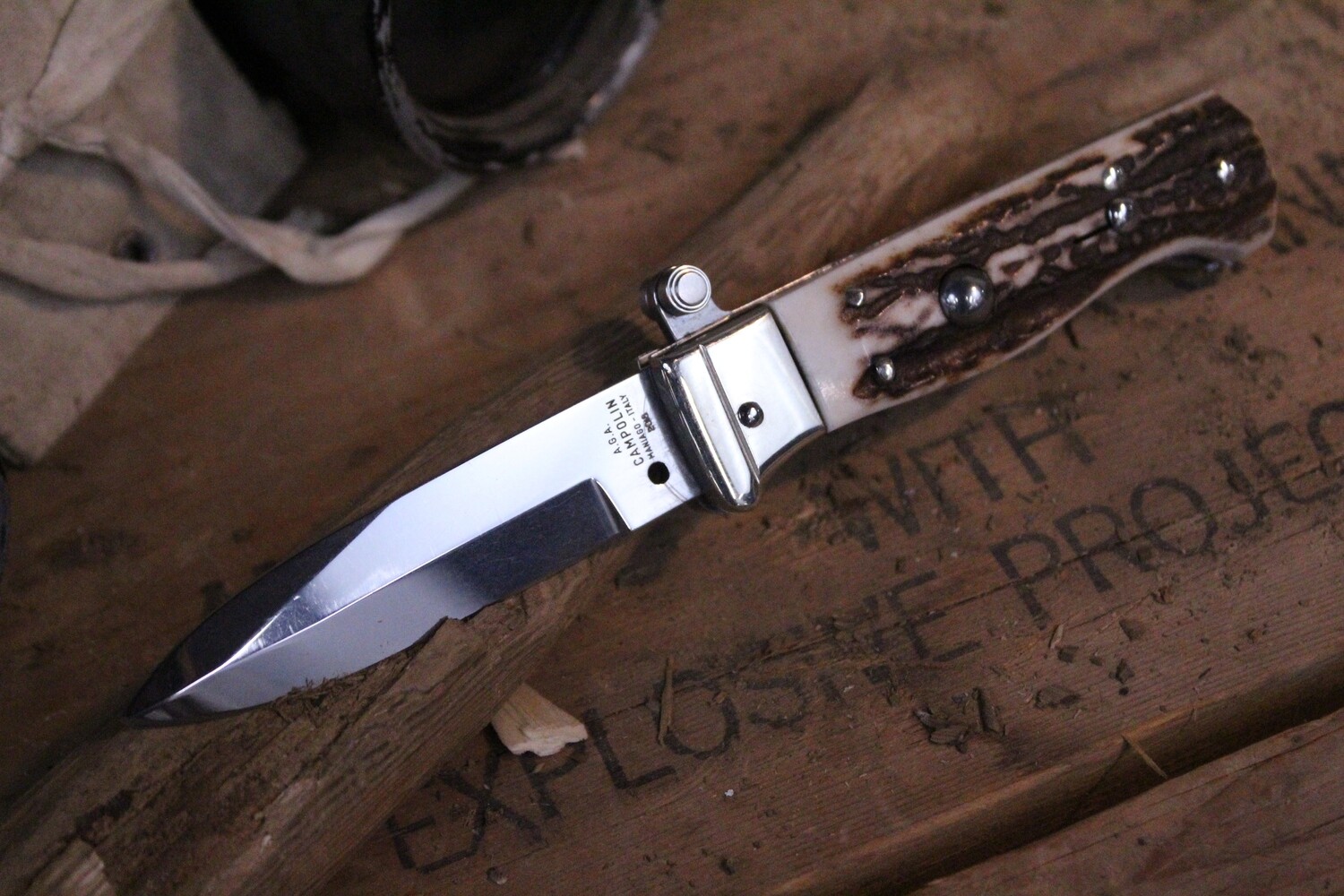 A.G.A. Campolin Piccolo 2.8&quot; Italian Stiletto Automatic Knife, Stag / Satin ( Pre Owned )