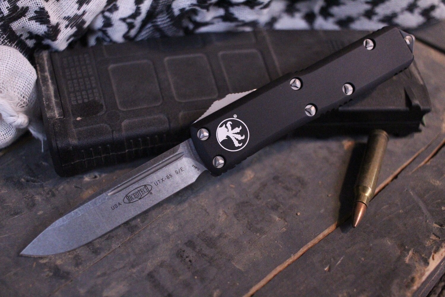 Microtech UTX-85 S/E 3.125&quot; OTF Automatic Knife, Black / Stonewash