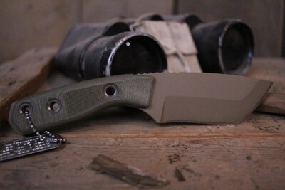 3DK Riot 3.7" Fixed Tanto Point, Desert Tan Cerakote Elmax Blade / OD Green G10 handle