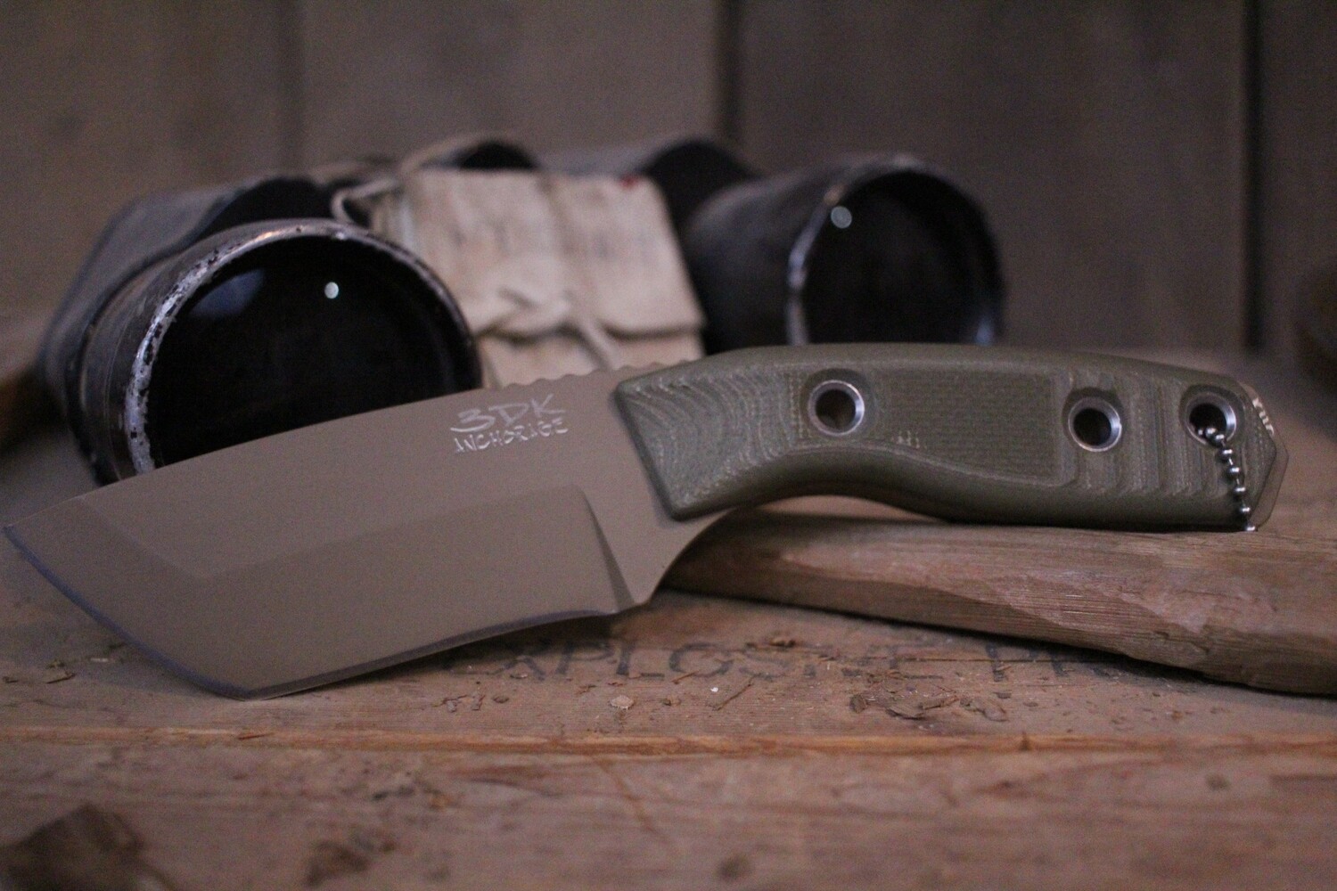 3DK Riot 3.7&quot; Fixed Tanto Point, Desert Tan Cerakote Elmax Blade / OD Green G10 handle