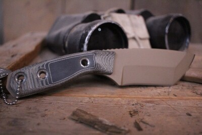 3DK Riot 3.7" Fixed Tanto Point, Desert Tan Cerakote Elmax Blade / Black Micarta handle