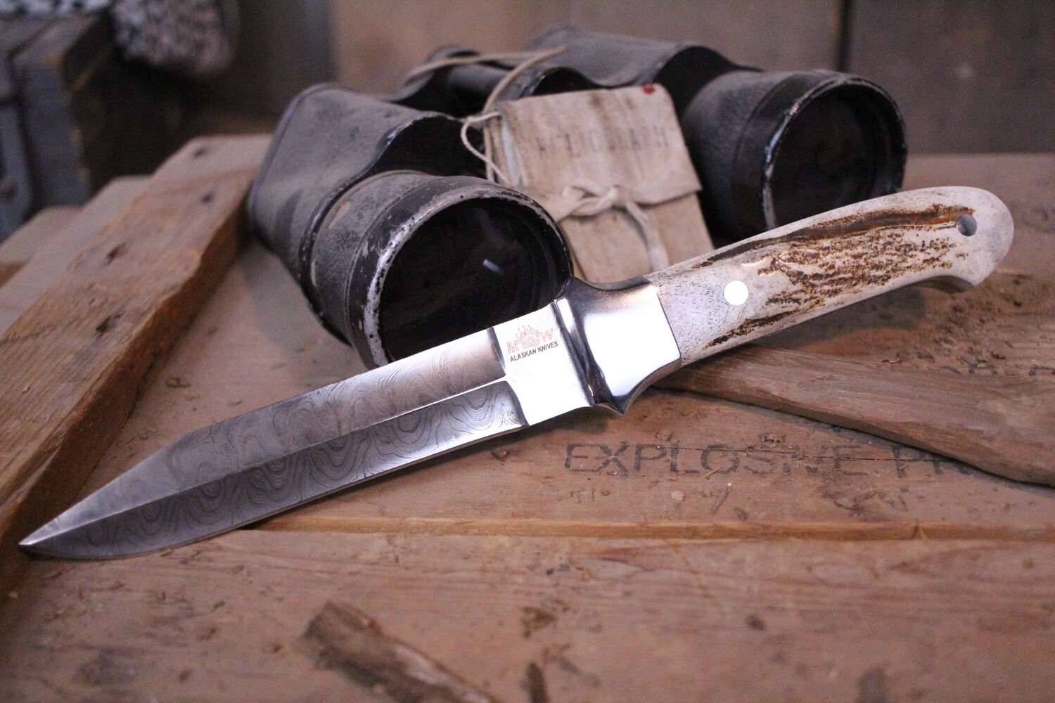M&amp;W Alaskan Knives Fighter 5.75&quot; Fixed Blade, Damascus / Moose Antler