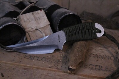 M. Strider PFK 4.5" Fixed Blade Knife, OD Green Paracord / Satin PSF-27 Tool Steel
