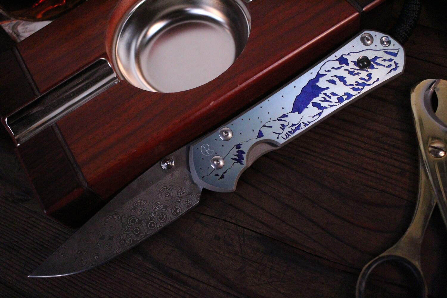 Chris Reeve Custom Large Sebenza 21 3.625&quot; Knife / Denali Graphic &amp; Jade Inlay / Raindrop Damascus