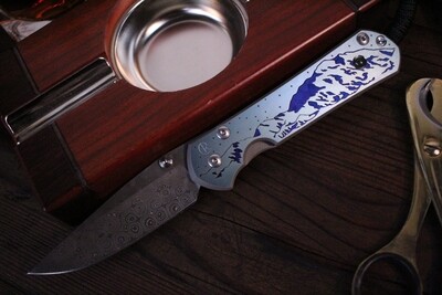 Chris Reeve Custom Large Sebenza 21 3.625" Knife / Denali Graphic & Jade Inlay / Raindrop Damascus