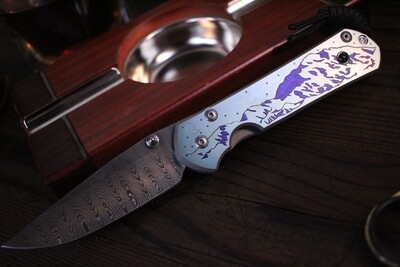 Chris Reeve Custom Large Sebenza 21 3.625' Knife / Denali Graphic & Jade Inlay / Ladder Damascus 