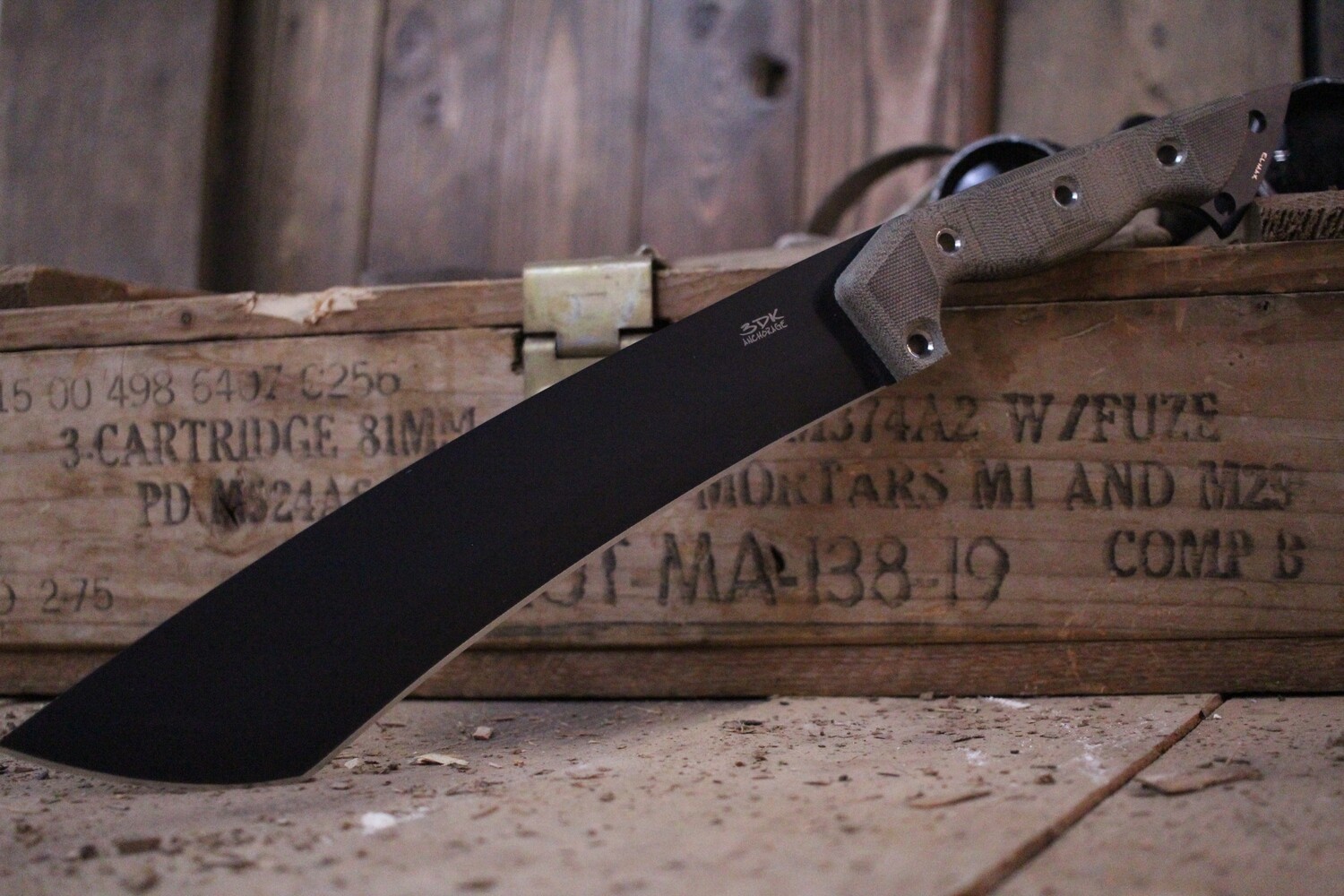 3DK Severance 10&quot; Fixed Tanto Point / Black Cerakote Elmax Blade / Scandi Grind / Tan Micarta Handle
