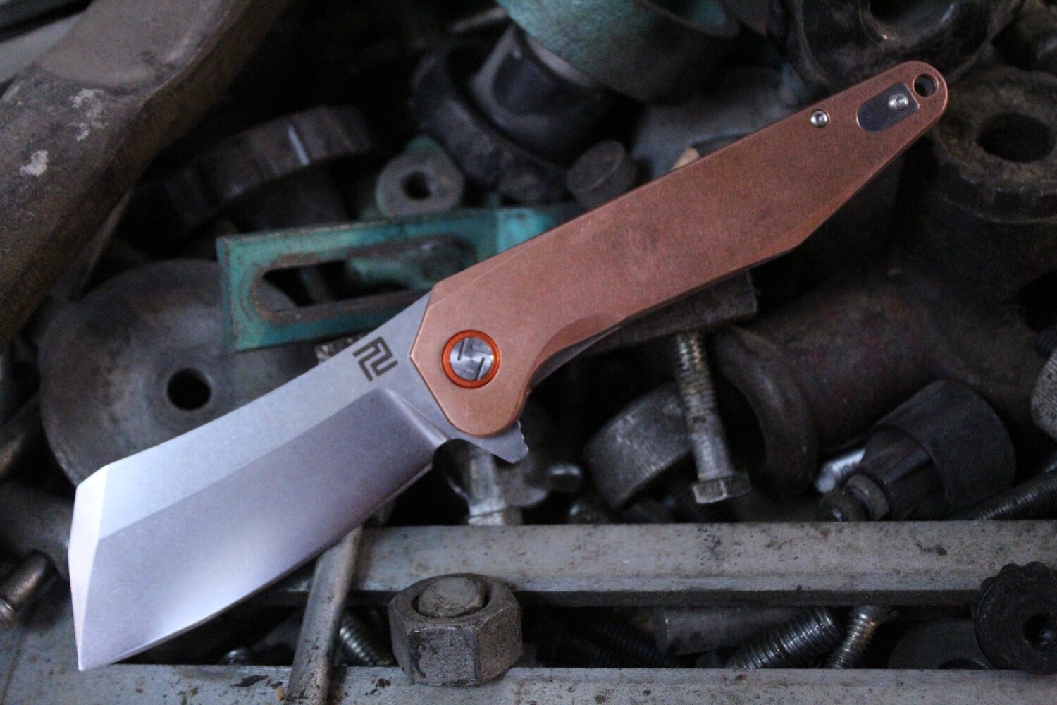 Artisan Cutlery Osprey 3.625&quot; Folding Knife, Copper / Stonewashed Cleaver ( Pre Owned )