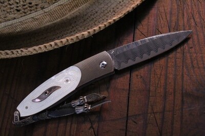 William Henry Studio B05 Oasis Wave Damascus / Carved Pearl / Blk Lip Pearl Inlay / Sapphire / No. 63/100
