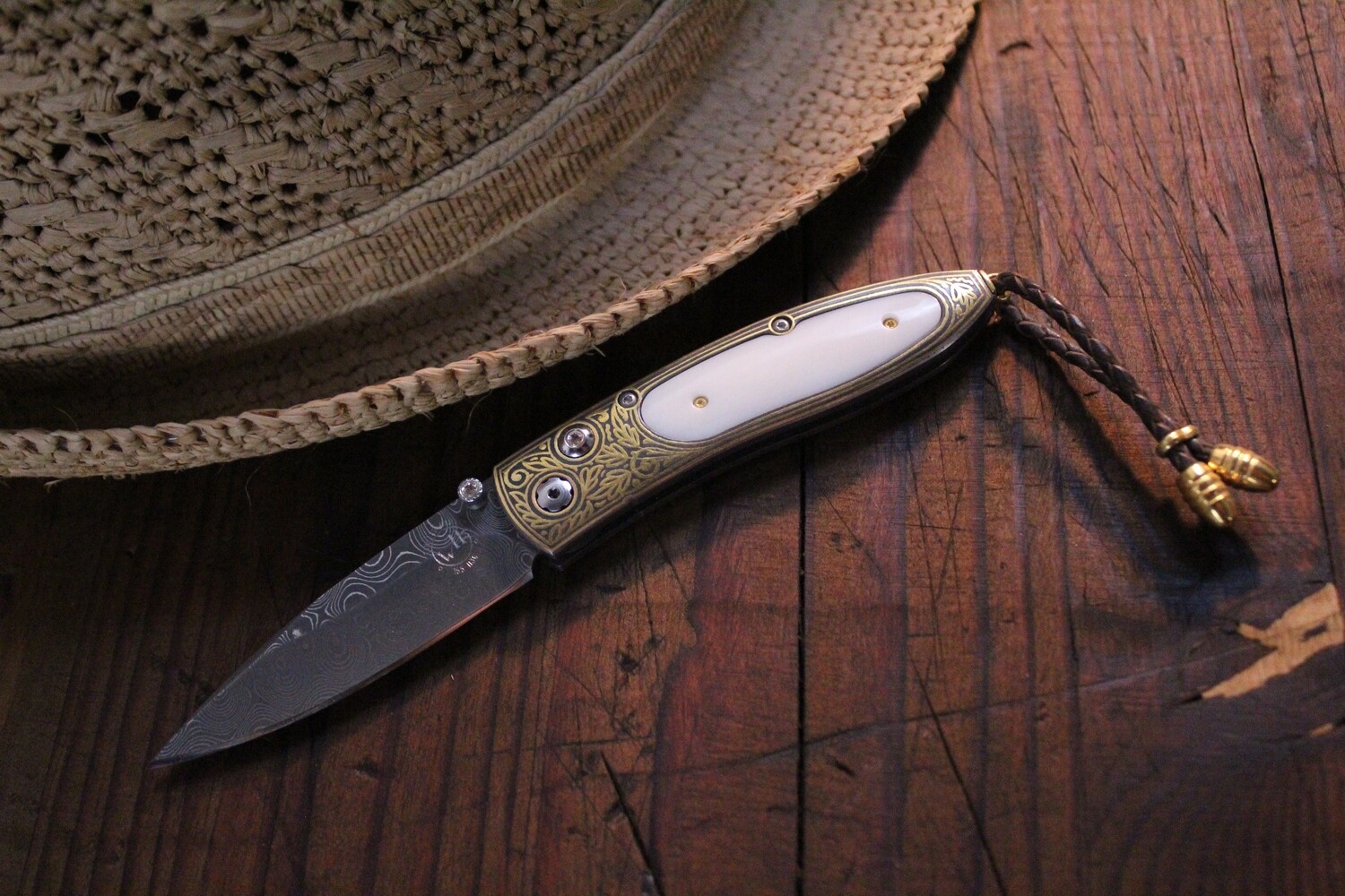 William Henry Studio B05 Quarterly Jet Stream Damascus / Fossilized Walrus Ivory / 24k Gold / White Topaz / 121501