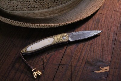 William Henry Studio B05 Quarterly Jet Stream Damascus / Fossilized Walrus Ivory / 24k Gold / White Topaz / 121501