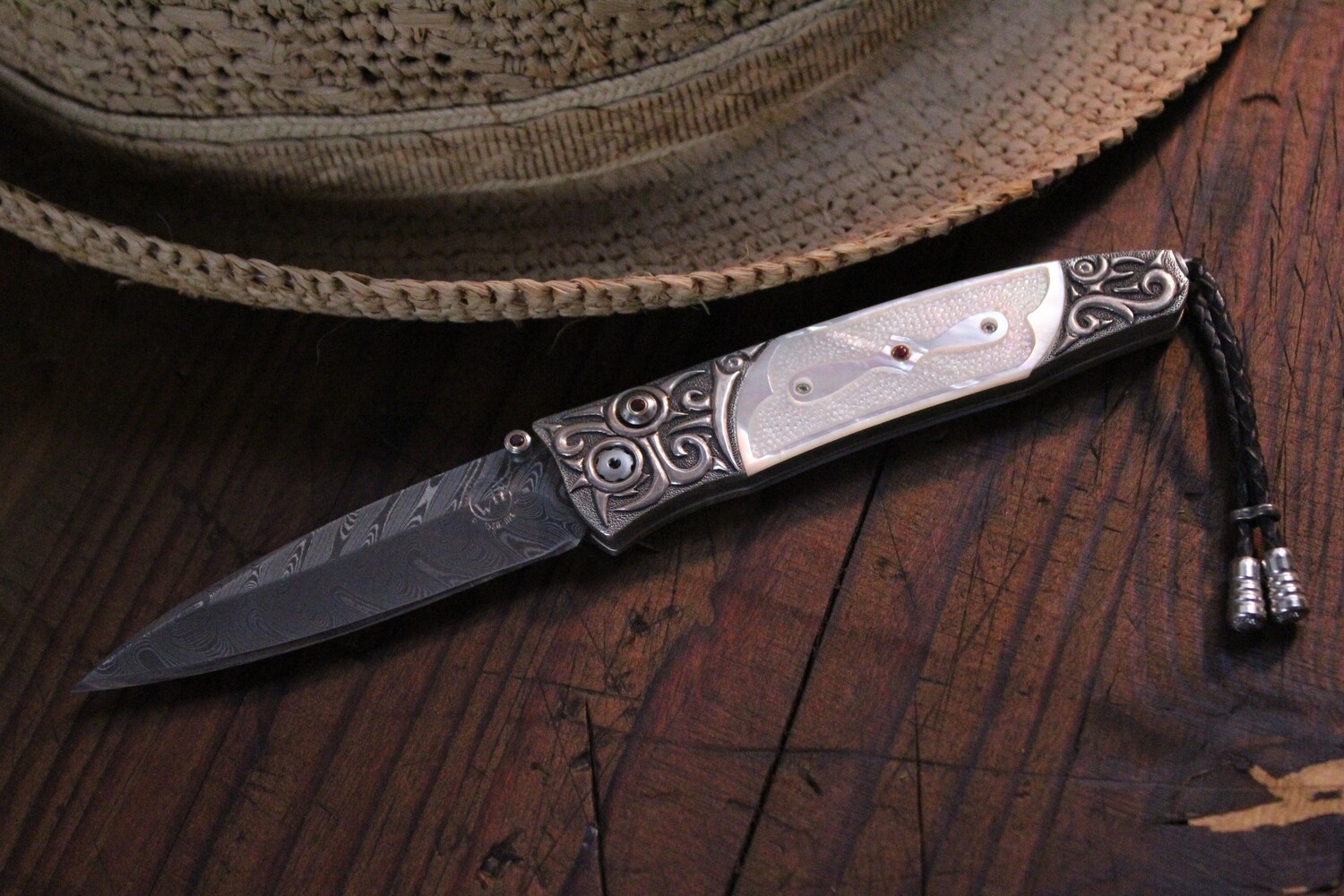 B30 Quarterly Boomerang Damascus / Hand Carved Fossilized Bone / 18k Gold / Silver / Red Topaz &amp; Sapphire / 121533 (Pre Owned)
