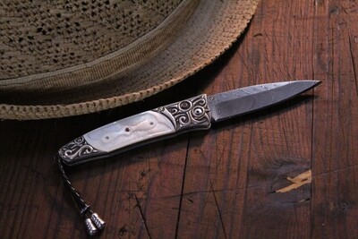 B30 Quarterly Boomerang Damascus / Hand Carved Fossilized Bone / 18k Gold / Silver / Red Topaz &amp; Sapphire / 121533 (Pre Owned)