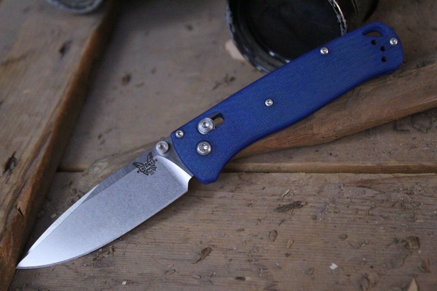 Benchmade Bugout 3.24&quot; Limited Edition AXIS Lock Knife / Rit Dyed G10 w/ Blue Butterfly / Satin 20CV ( Pre Owned )