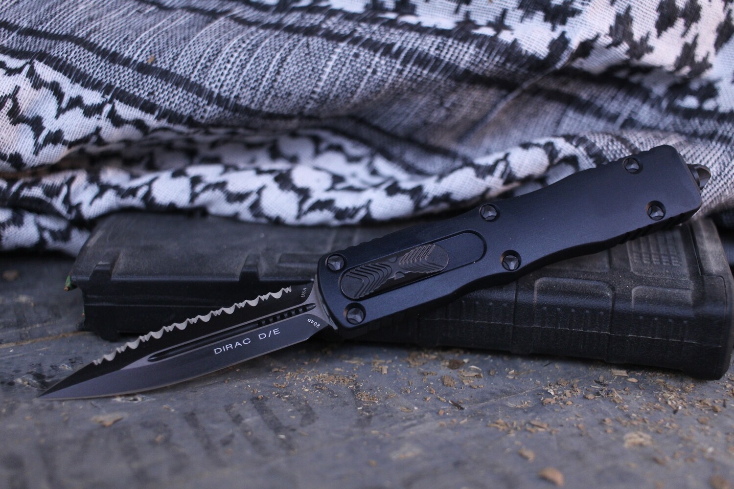 Microtech Dirac Tactical 2.92&quot; Auto OTF Knife / Black / Black Plain &amp; Serrated Double Edge / 225-3T