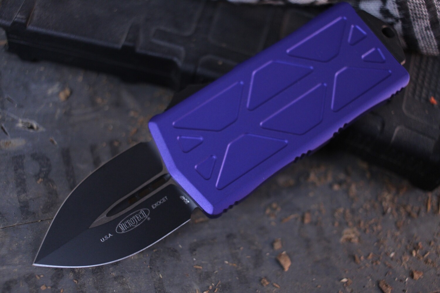 Microtech Exocet Dagger 1.9&quot;  CA Legal OTF Automatic Knife / Purple / Black