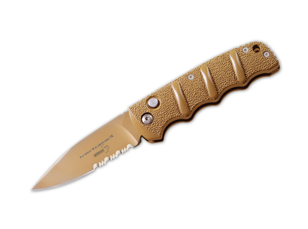 Boker Plus Kalashnikov 3.25&quot; Automatic Knife, Tan Aluminum / Tan Serrated Spear Point ( Discontinued )