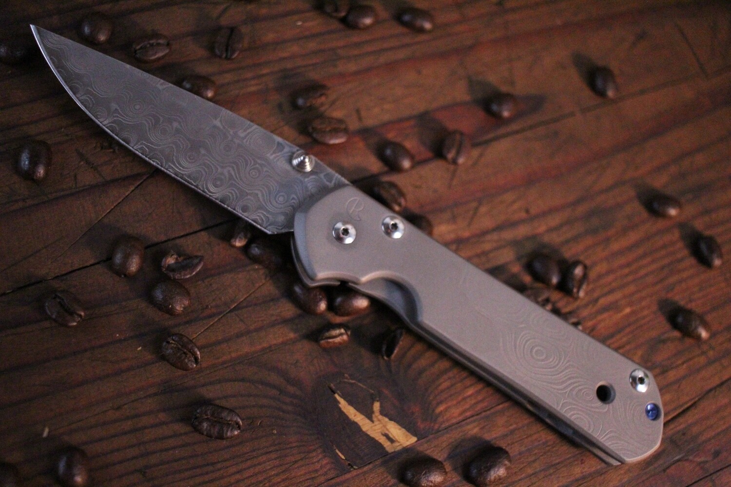 Chris Reeve Large Sebenza 21 3.625&quot; Folding Knife, Titanium Raindrop Graphic / Raindrop Damascus ( Pre Owned )