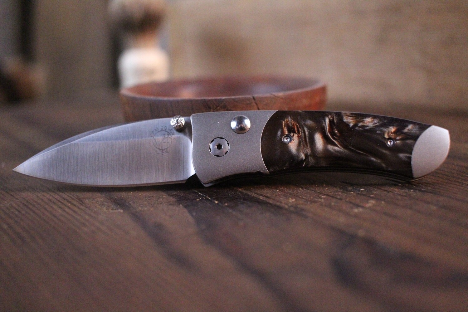 William Henry Studio A100-3 2.12&quot; Button Lock Folder / Titanium &amp; Brown Kirinite /  Satin 20CV