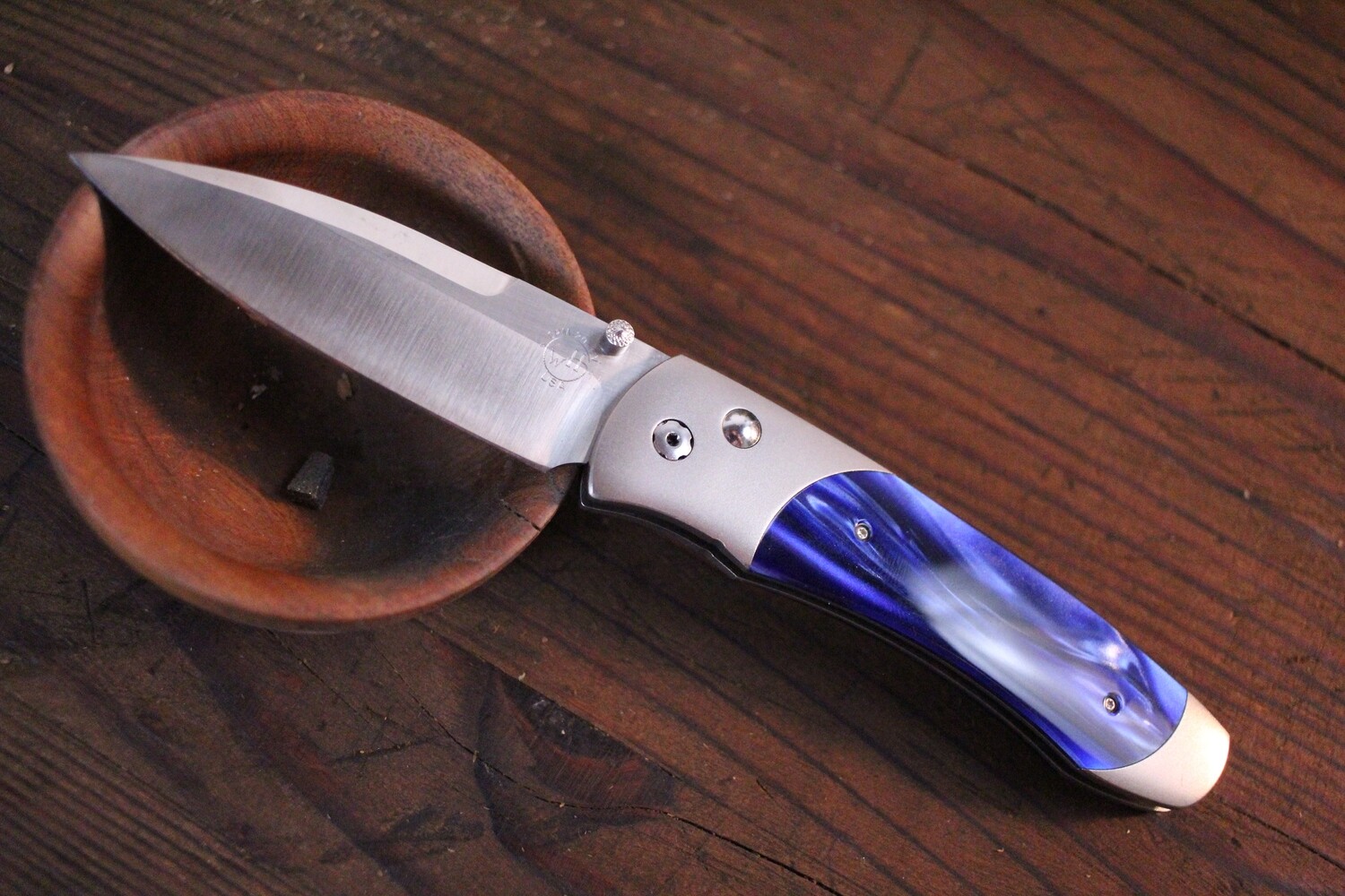 William Henry Studio A300-2 3&quot; Button Lock Folder / Titanium &amp; Blue Kirinite / Satin 20CV