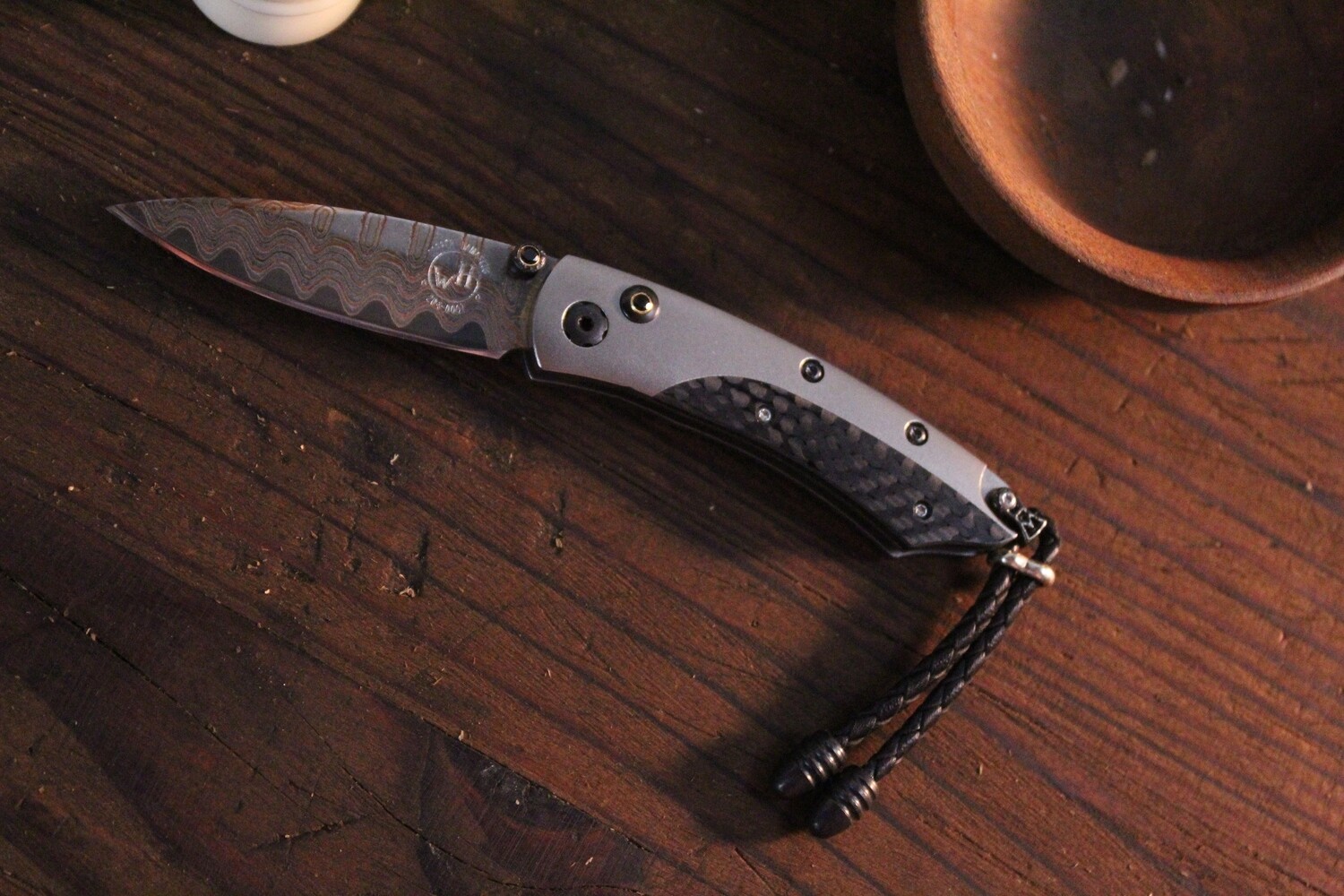 William Henry Pikatti B04 Filament 2&quot; Spinel Studded Button Lock Folder / Titanium &amp; Carbon Fiber / Copper Wave Damascus
