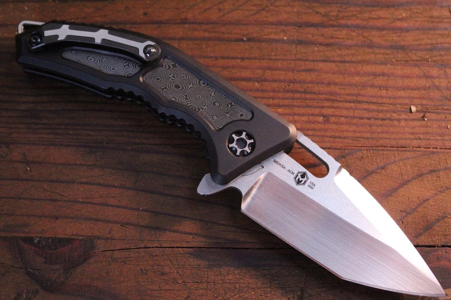 Heretic Knives Medusa 3.5&quot; Folding Knife / Black Aluminum &amp; Vegas Forge Damascus Inlay / Hand Rubbed Satin Blade