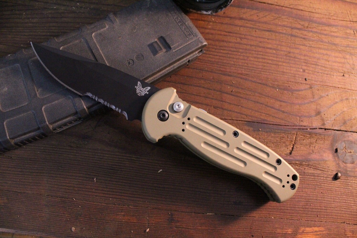 Benchmade AFO II 3.56&quot; Automatic Knife / Black Serrated / Custom Desert Tan Cerakote