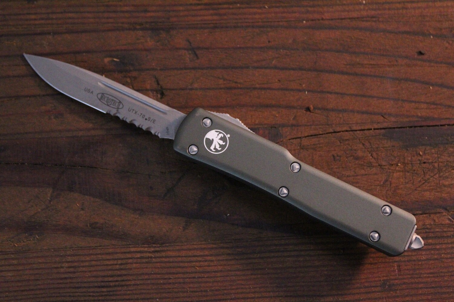 Microtech UTX-70 S/E 2.4&quot; OTF Automatic Knife, Partial Serrated  / Apocalyptic / OD Green