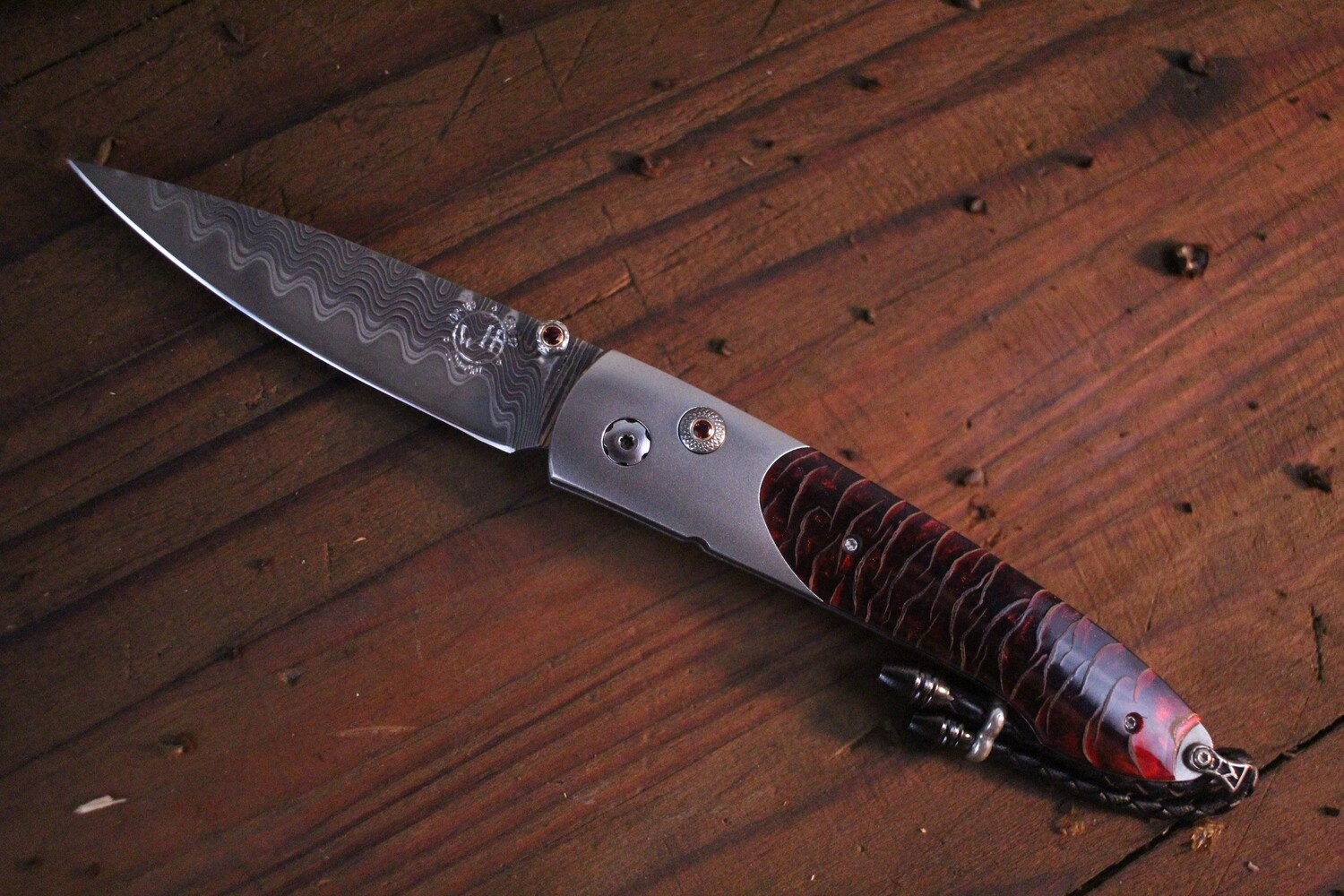 William Henry Studio Scarlet Pine 2.75&quot; Button Lock Folder / Titanium &amp; Pine Cone /  ZDP-189 Wave Damascus